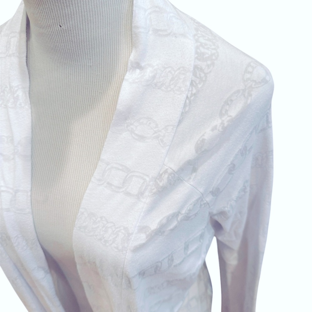 Open Front White Waterfall Cardigan Lightweight Chain Print Designer L Summer